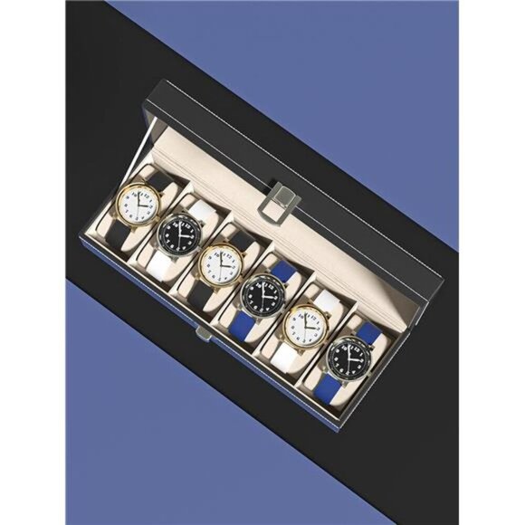 Black Leather Watch Display Box Organizer Case with Glass Lid 6 Slot Storage - Picture 2 of 7